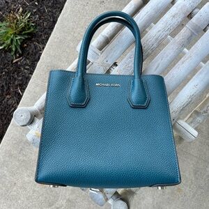 Michael Michael Kors teal blue Mercer pebbled leather tote bag purse